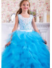 White Lace Blue Tulle Ruffled Floor Length Flower Girl Dress